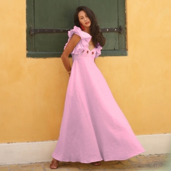 FANM MON XS Aster Pink Demre Linen Embroidered Maxi Dress Ruffle Sleeve NWT $357 - Picture 4 of 12